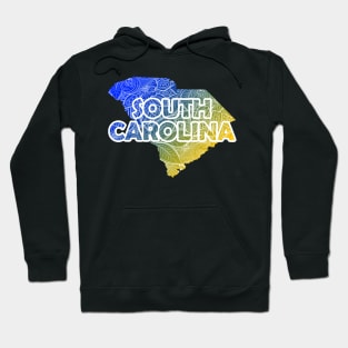 Colorful mandala art map of South Carolina with text in blue and yellow Hoodie